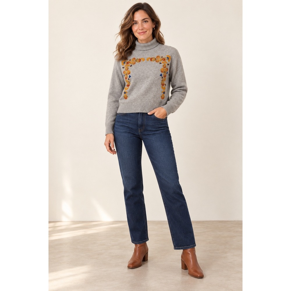 Magaschoni Cashmere Embroidered Turtleneck Sweater Gray Floral Boho Old Money M